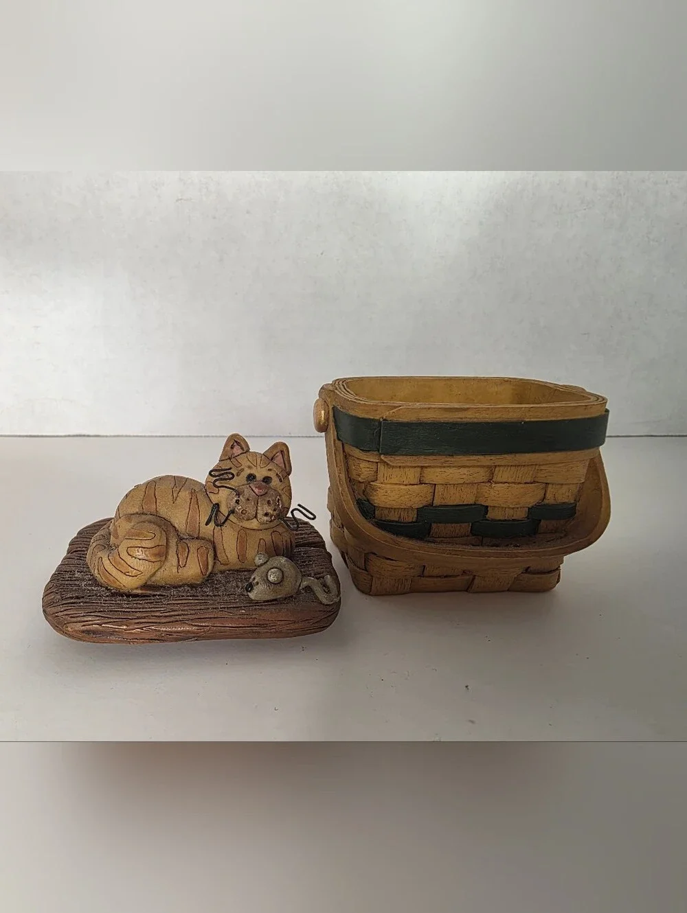 Orange Cat and Mouse on Basket Trinket Box signed Suzy